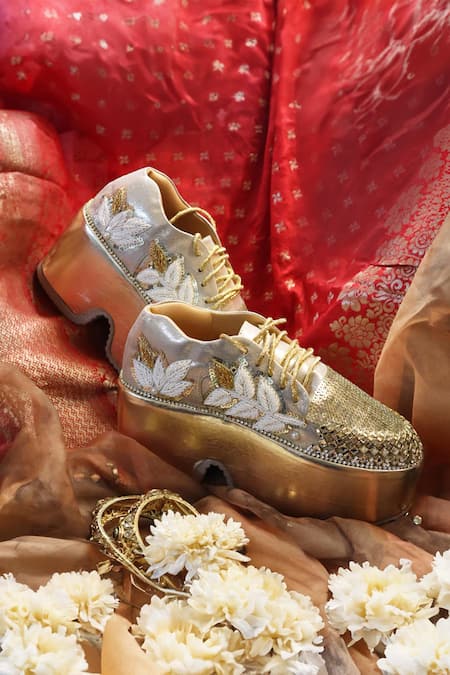 Shop_Chal Jooti_Gold Luxe And Ivory Embellished Sneakers _at_Aza_Fashions