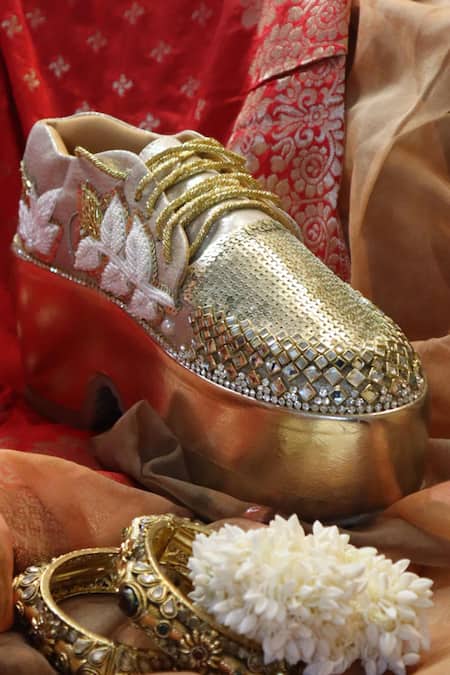 Chal Jooti_Gold Pearls, Sequins, Stones, Beads Luxe Designer Sneakers _Online_at_Aza_Fashions