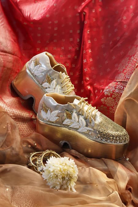 Shop_Chal Jooti_Gold Pearls, Sequins, Stones, Beads Luxe Designer Sneakers _at_Aza_Fashions
