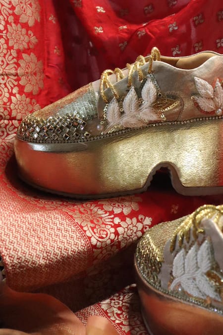 Buy_Chal Jooti_Gold Pearls, Sequins, Stones, Beads Luxe Designer Sneakers _Online_at_Aza_Fashions