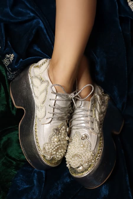 Chal Jooti Silver Pearl Embroidered Sneakers Online at Aza Fashions Chal Jooti_Silver Pearl Embroidered Sneakers _Online_at_Aza_Fashions