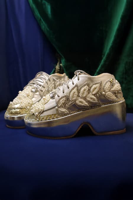 Chal Jooti_Silver Pearls, Sequins, Stones, Beads Embroidered Luxe Sneakers _Online_at_Aza_Fashions