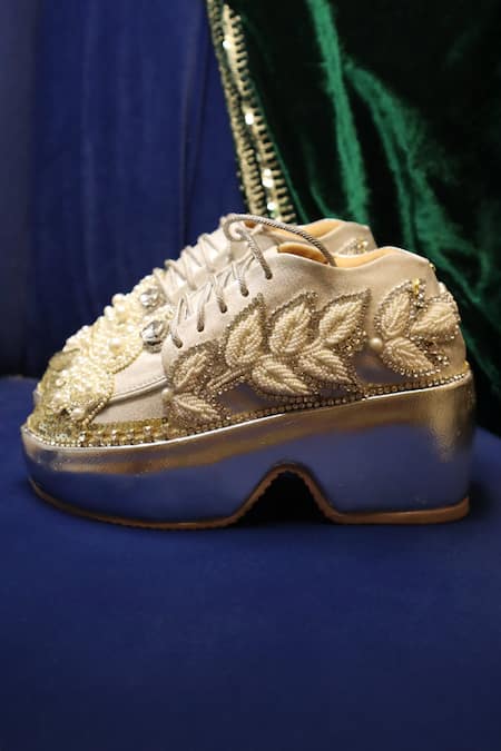 Buy_Chal Jooti_Silver Pearls, Sequins, Stones, Beads Embroidered Luxe Sneakers _Online_at_Aza_Fashions