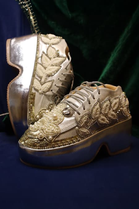 Shop_Chal Jooti_Silver Pearls, Sequins, Stones, Beads Embroidered Luxe Sneakers _Online_at_Aza_Fashions