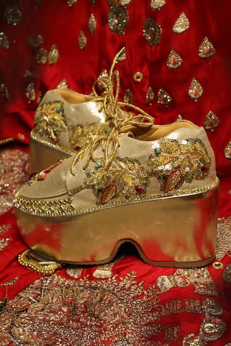 Chal Jooti Gold Stones, Zari Zardozi Embroidered Designer Sneakers at Aza Fashions Chal Jooti_Gold Stones, Zari Zardozi Embroidered Designer Sneakers _at_Aza_Fashions