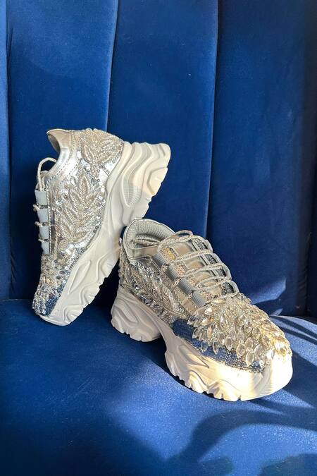 Chal Jooti_Silver Sequins, Crystals And Snowflake Sneakers _Online_at_Aza_Fashions