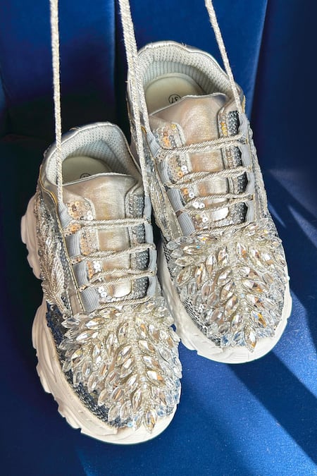 Shop_Chal Jooti_Silver Sequins, Crystals And Snowflake Sneakers _Online_at_Aza_Fashions