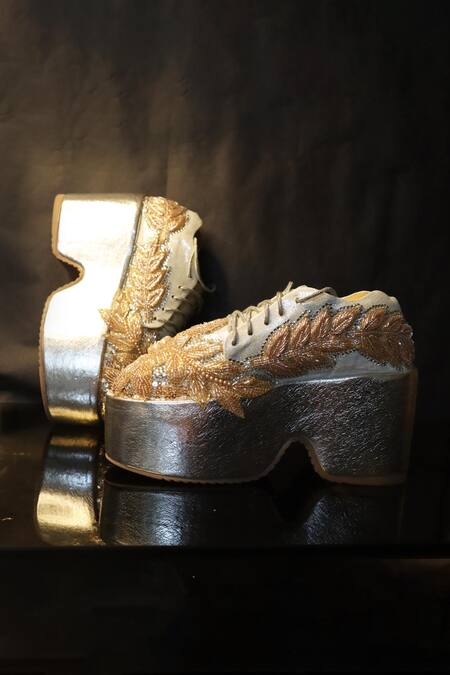 Chal Jooti_Silver Sequins, Beads Floral Embroidered Sneakers _Online_at_Aza_Fashions