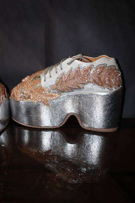Shop_Chal Jooti_Silver Sequins, Beads Floral Embroidered Sneakers _Online_at_Aza_Fashions