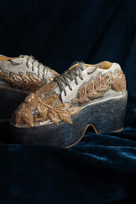 Chal Jooti Silver Floral Sequin Embroidered Luxe Sneakers Online at Aza Fashions Chal Jooti_Silver Floral Sequin Embroidered Luxe Sneakers _Online_at_Aza_Fashions
