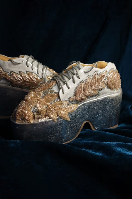 Buy Chal Jooti Silver Floral Sequin Embroidered Luxe Sneakers Online at Aza Fashions Buy_Chal Jooti_Silver Floral Sequin Embroidered Luxe Sneakers _Online_at_Aza_Fashions