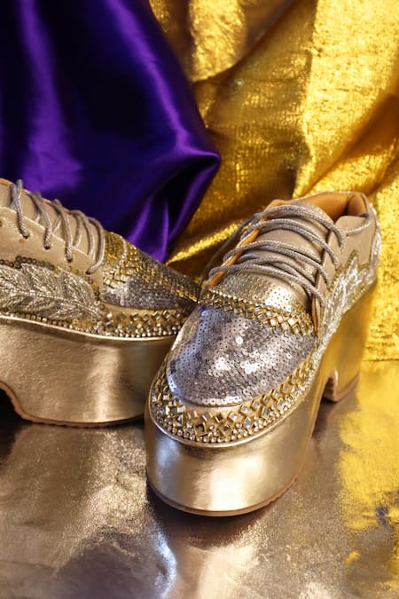 Buy Chal Jooti Gold Sequins, Stones High Embroidered Sneakers Online at Aza Fashions Buy_Chal Jooti_Gold Sequins, Stones High Embroidered Sneakers _Online_at_Aza_Fashions