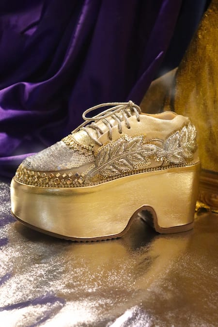 Shop Chal Jooti Gold Sequins, Stones High Embroidered Sneakers Online at Aza Fashions Shop_Chal Jooti_Gold Sequins, Stones High Embroidered Sneakers _Online_at_Aza_Fashions