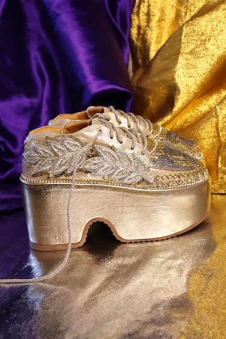 Chal Jooti Gold Sequins, Stones High Embroidered Sneakers at Aza Fashions Chal Jooti_Gold Sequins, Stones High Embroidered Sneakers _at_Aza_Fashions