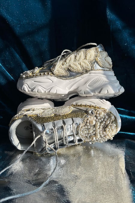 Chal Jooti_Silver Pearls, Stones, Beads Embellished Sneakers _Online_at_Aza_Fashions