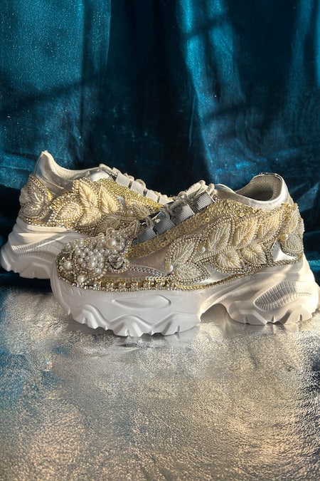 Buy_Chal Jooti_Silver Pearls, Stones, Beads Embellished Sneakers _Online_at_Aza_Fashions