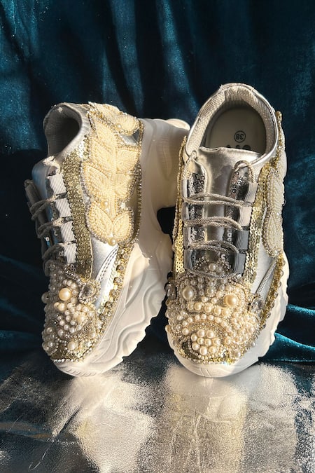 Shop_Chal Jooti_Silver Pearls, Stones, Beads Embellished Sneakers _Online_at_Aza_Fashions