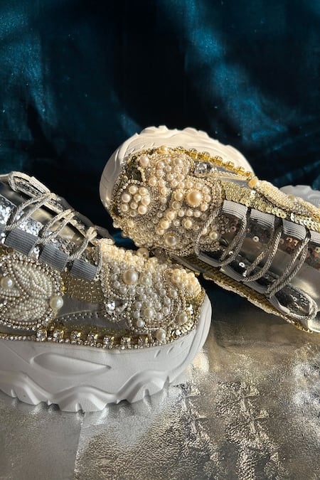 Chal Jooti_Silver Pearls, Stones, Beads Embellished Sneakers _at_Aza_Fashions