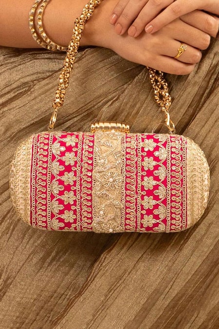 Shop Amyra Pink Lace And Peach Embellished Clutch at Aza Fashions Shop_Amyra_Pink Lace And Peach Embellished Clutch _at_Aza_Fashions