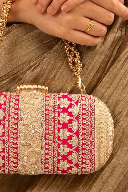 Shop Amyra Pink Lace And Peach Embellished Clutch Online at Aza Fashions Shop_Amyra_Pink Lace And Peach Embellished Clutch _Online_at_Aza_Fashions