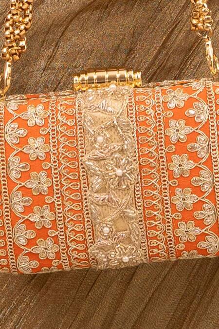 Amyra Orange Lace Embellished Capsule Clutch Online at Aza Fashions Amyra_Orange Lace Embellished Capsule Clutch_Online_at_Aza_Fashions