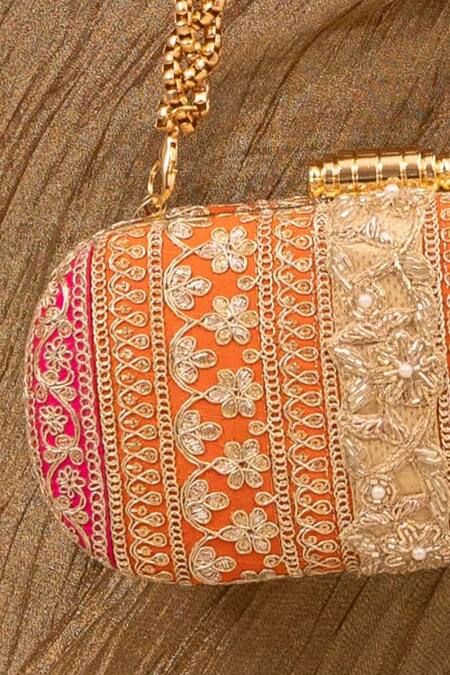 Shop Amyra Orange Lace Embellished Capsule Clutch Online at Aza Fashions Shop_Amyra_Orange Lace Embellished Capsule Clutch_Online_at_Aza_Fashions