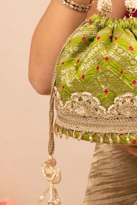 Amyra_Green Pearls, Lace Bandhani Pattern Bucket Bag _Online_at_Aza_Fashions