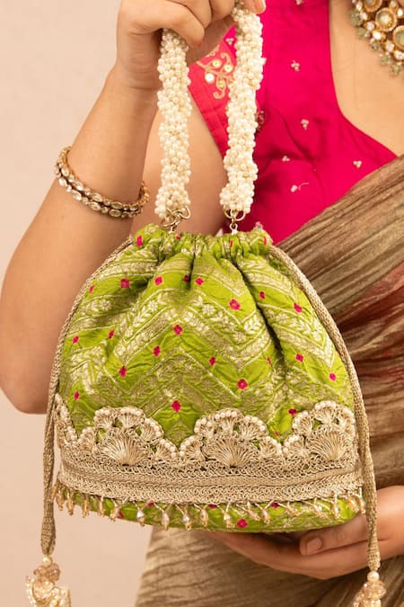 Shop_Amyra_Green Pearls, Lace Bandhani Pattern Bucket Bag _at_Aza_Fashions