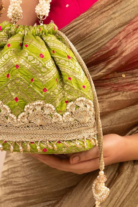 Shop_Amyra_Green Pearls, Lace Bandhani Pattern Bucket Bag _Online_at_Aza_Fashions
