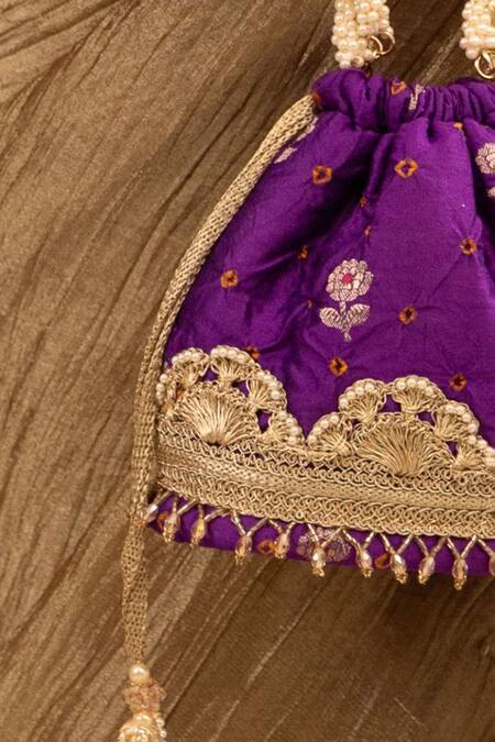 Amyra Purple Lace, Pearls Bandhani Embellished Bucket Bag Online at Aza Fashions Amyra_Purple Lace, Pearls Bandhani Embellished Bucket Bag _Online_at_Aza_Fashions