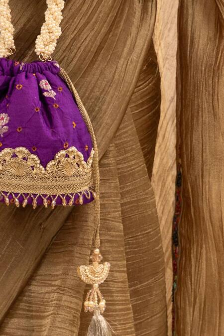 Buy Amyra Purple Lace, Pearls Bandhani Embellished Bucket Bag Online at Aza Fashions Buy_Amyra_Purple Lace, Pearls Bandhani Embellished Bucket Bag _Online_at_Aza_Fashions