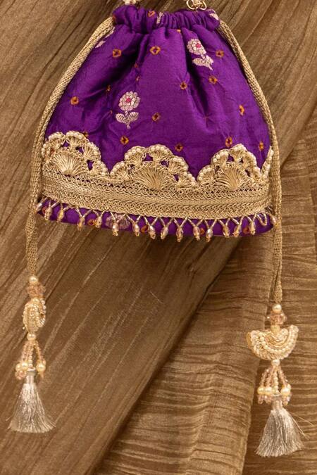 Shop Amyra Purple Lace, Pearls Bandhani Embellished Bucket Bag Online at Aza Fashions Shop_Amyra_Purple Lace, Pearls Bandhani Embellished Bucket Bag _Online_at_Aza_Fashions