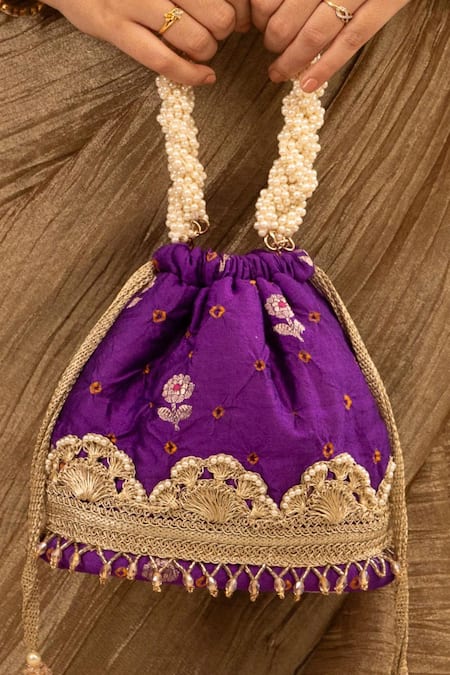 Shop Amyra Purple Lace, Pearls Bandhani Embellished Bucket Bag at Aza Fashions Shop_Amyra_Purple Lace, Pearls Bandhani Embellished Bucket Bag _at_Aza_Fashions