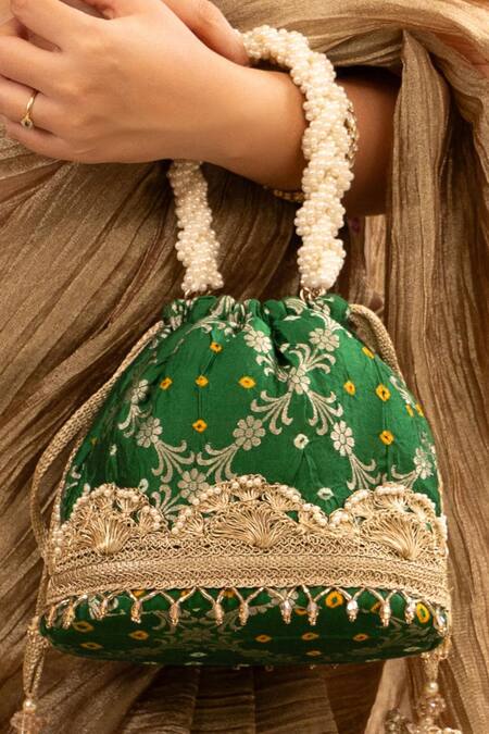 Shop_Amyra_Green Lace, Pearls Bandhani Embellished Bucket Bag _at_Aza_Fashions