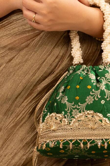 Amyra_Green Lace, Pearls Bandhani Embellished Bucket Bag _Online_at_Aza_Fashions