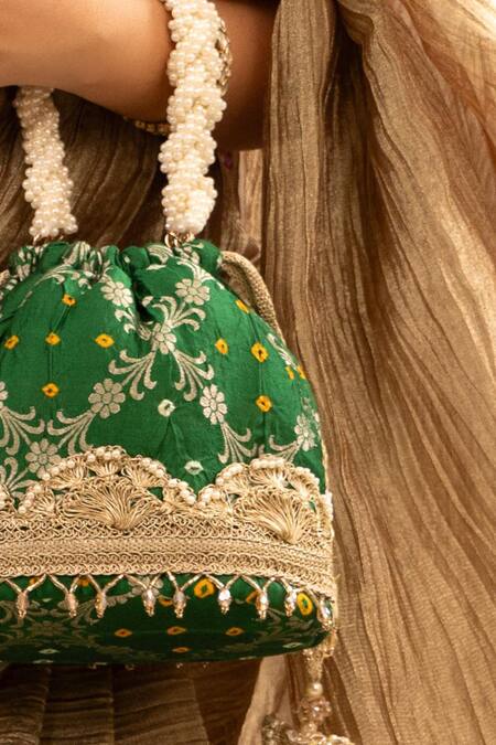 Buy_Amyra_Green Lace, Pearls Bandhani Embellished Bucket Bag _Online_at_Aza_Fashions