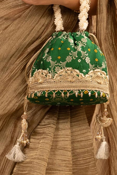 Shop_Amyra_Green Lace, Pearls Bandhani Embellished Bucket Bag _Online_at_Aza_Fashions