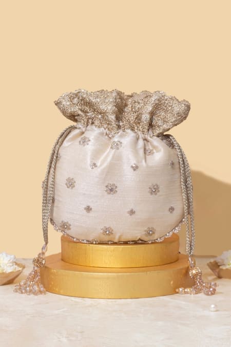 Amyra Beige Crystal Tassel Potli Bag 