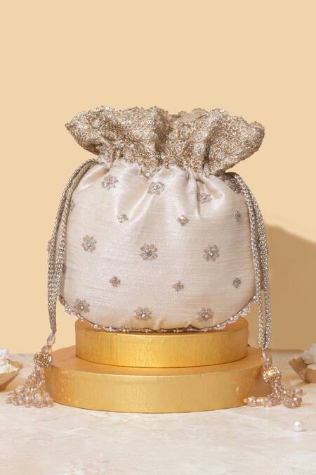 Buy Amyra Beige Embroidery, Crystals Tassel Potli Bag Online at Aza Fashions Buy_Amyra_Beige Embroidery, Crystals Tassel Potli Bag_Online_at_Aza_Fashions