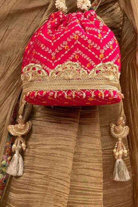 Buy Amyra Pink Lace, Pearls Bandhani Embellished Bucket Bag Online at Aza Fashions Buy_Amyra_Pink Lace, Pearls Bandhani Embellished Bucket Bag _Online_at_Aza_Fashions