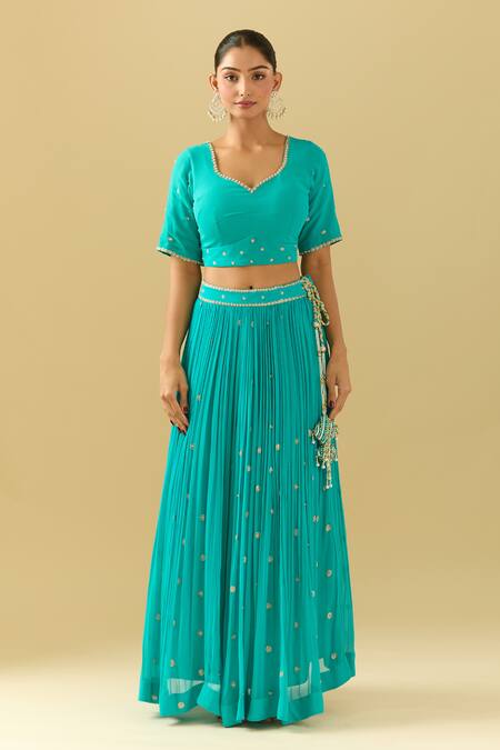 Buy_Samyukta Singhania_Blue Georgette Pearls, Embroidery Asymmetric Turquoise Lehenga Set_Online_at_Aza_Fashions