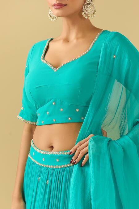 Shop_Samyukta Singhania_Blue Georgette Pearls, Embroidery Asymmetric Turquoise Lehenga Set_Online_at_Aza_Fashions