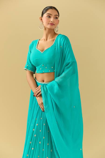 Samyukta Singhania_Blue Georgette Pearls, Embroidery Asymmetric Turquoise Lehenga Set_at_Aza_Fashions