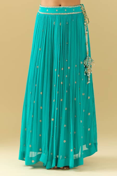 Buy_Samyukta Singhania_Blue Georgette Pearls, Embroidery Asymmetric Turquoise Lehenga Set
