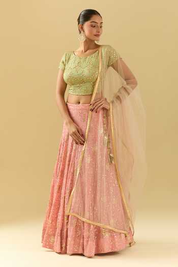 Gold Sequin Blouse with Printed Chinon Lehenga Set