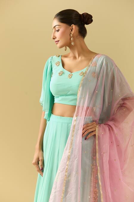 Samyukta Singhania_Green Georgette Embroidery, Sequins Asymmetric Floral Sea Lehenga Set_Online_at_Aza_Fashions