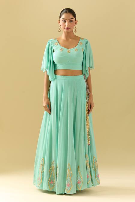 Buy_Samyukta Singhania_Green Georgette Embroidery, Sequins Asymmetric Floral Sea Lehenga Set_Online_at_Aza_Fashions