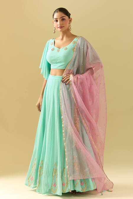 Shop_Samyukta Singhania_Green Georgette Embroidery, Sequins Asymmetric Floral Sea Lehenga Set_Online_at_Aza_Fashions