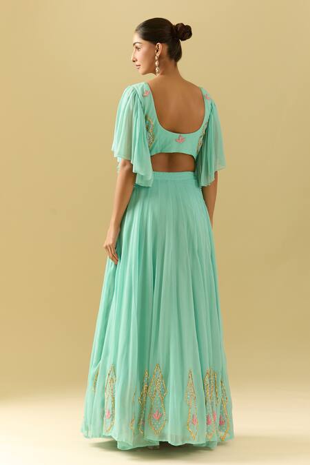 Shop_Samyukta Singhania_Green Georgette Embroidery, Sequins Asymmetric Floral Sea Lehenga Set_at_Aza_Fashions
