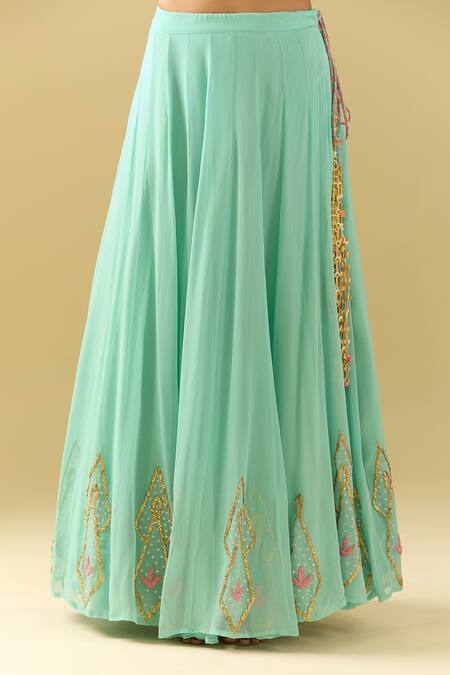 Samyukta Singhania_Green Georgette Embroidery, Sequins Asymmetric Floral Sea Lehenga Set_at_Aza_Fashions